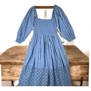 Free People Perfect Storm Midi Dress Blue Heron Size M Flowy Boho Cotton EUC